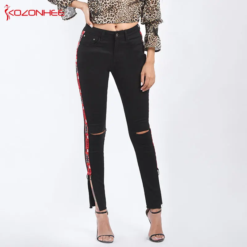 

Hole Skinny Jeans Woman Mid Waist Black Pencil Jeans Splitting Plus Size #47