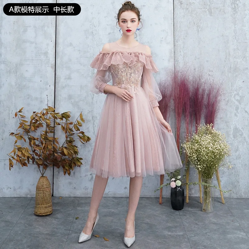 Pink A-Short Вечерние платья элегантные трапециевидные длинные шифоновые женские модные вечерние платья - Цвет: Pink A-Short