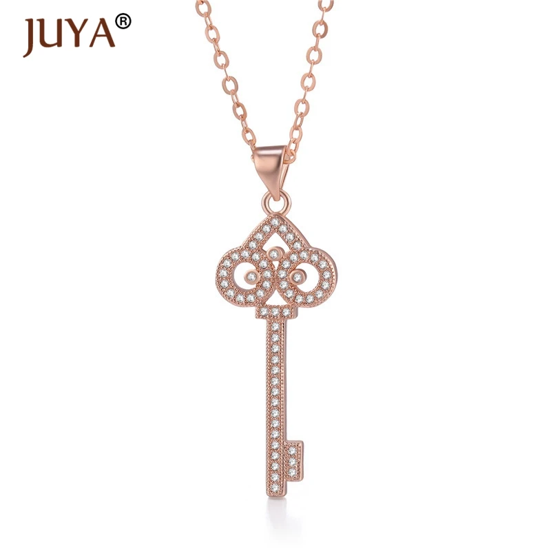 fashion statement necklaces for women Luxury Jewelry Copper Zircon Rhinestone Key Pendants Necklace Silver Femme