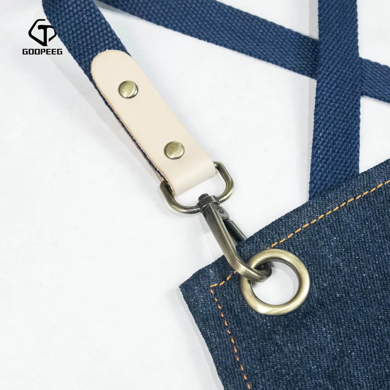 GOOPEEG fashion denim apron men and women work clothes custom barista milk tea barber shop draw LOGO | Дом и сад
