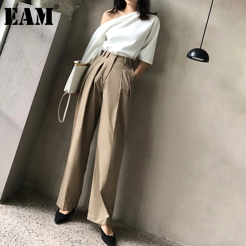 

[EAM] Khaki Casual Pleated Brief High Waist Wide Leg Trousers New Loose Fit Pants Women Fashion Tide Spring Summer 2022 1DE1331