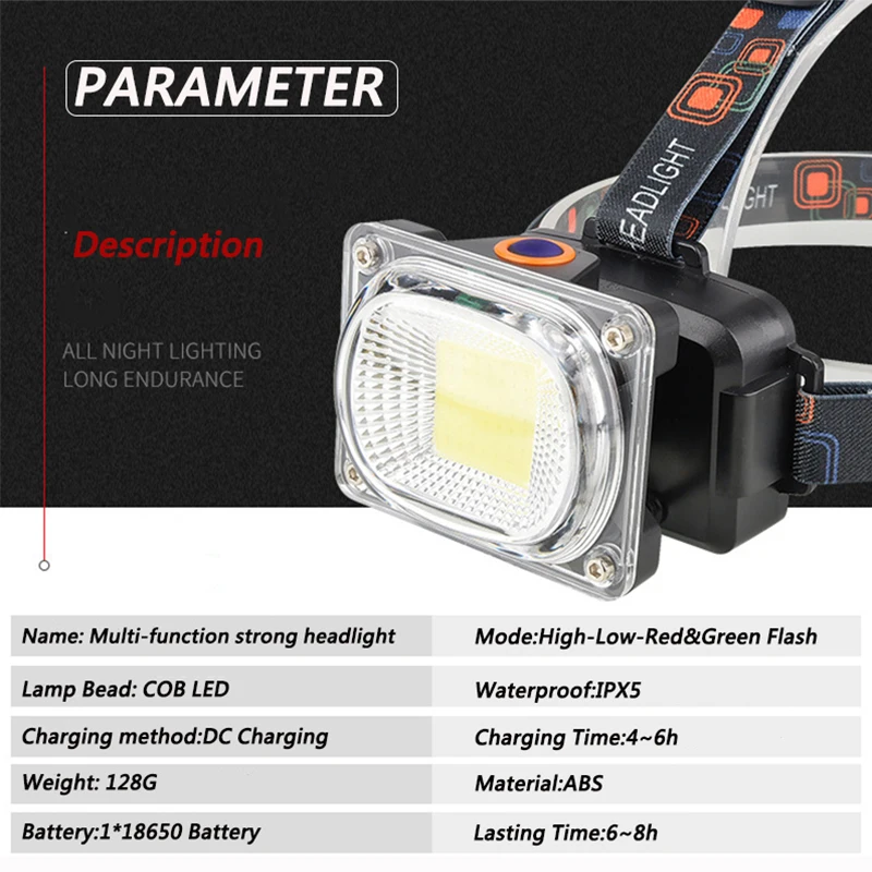 Светодиодный налобный фонарь COB 6000LM ультра-яркий с USB зарядкой для кемпинга