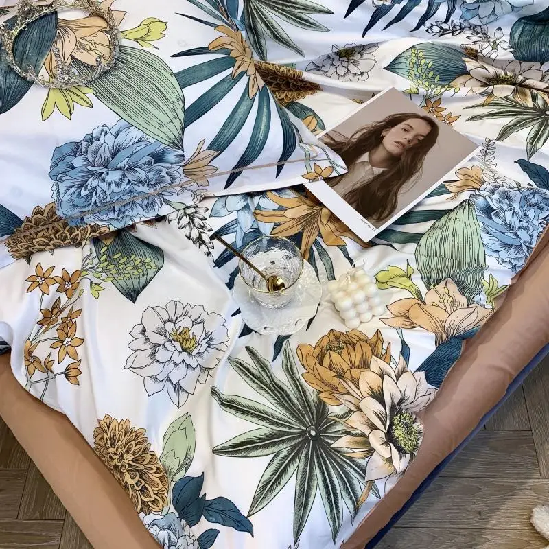 

Luxury Silkly Egyptian Cotton Flowers Printing Bedding Set Double Duvet Cover Set Bed Linen Fitted Sheet Pillowcase Home Textile