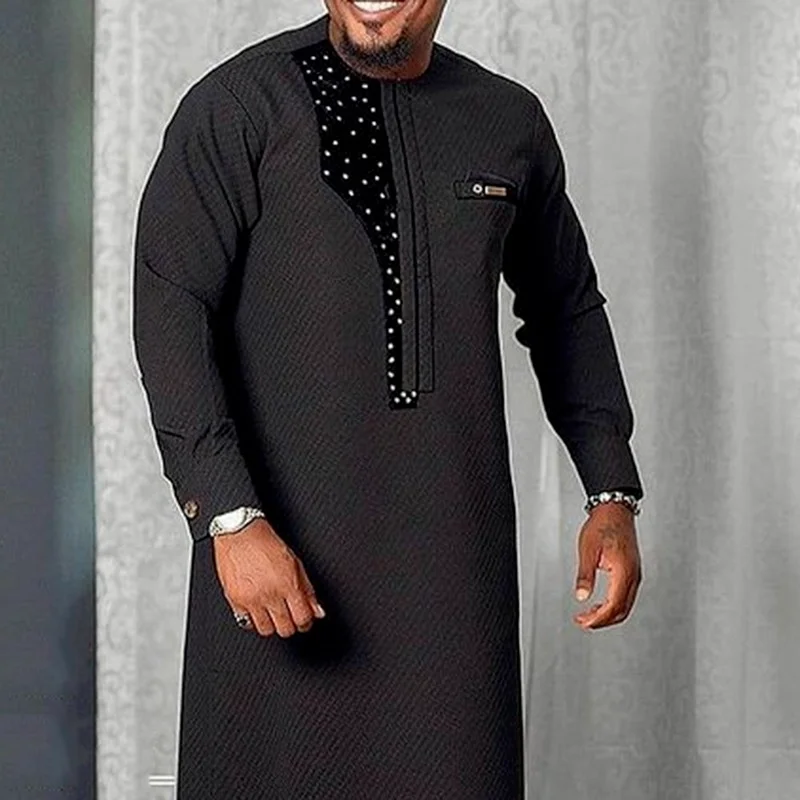 African Black Dashiki Robe For Men 2021 Tradition Riched Man Long Sleeve Color Block Round Neck Male Plus Size Long Shirt Casual