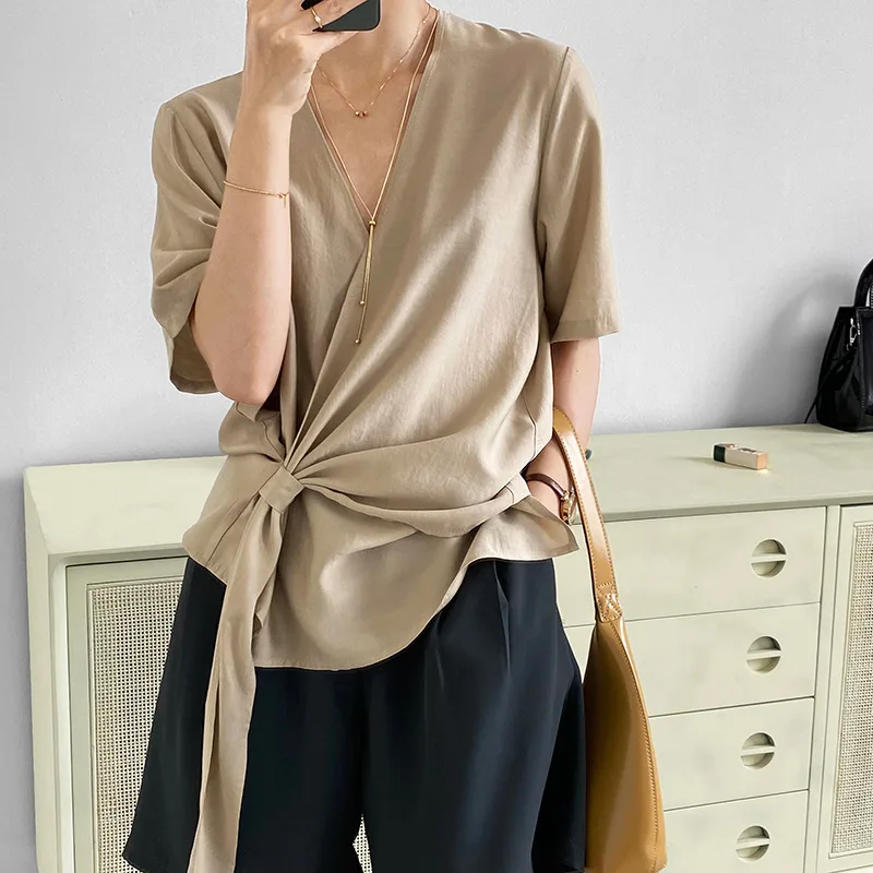 

Mozuleva Women Summer V Neck Irregular Blouse Shirts Office Ladies Short Sleeve Lace Up Waist Bandage Shorts Korean Tops Blusas