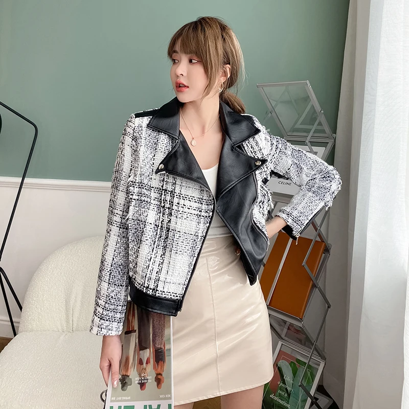 

Women Vogue Patchwork Faux Leather Jackets Thousand Bird Plaid Loose Casual Punk Short Coats Fashion Streetwear Moto&Biker 2020