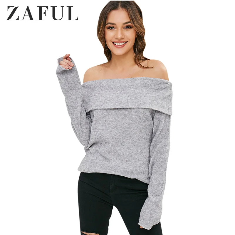 Женский эластичный свитер с открытыми плечами ZAFUL серый пуловер отворотом на