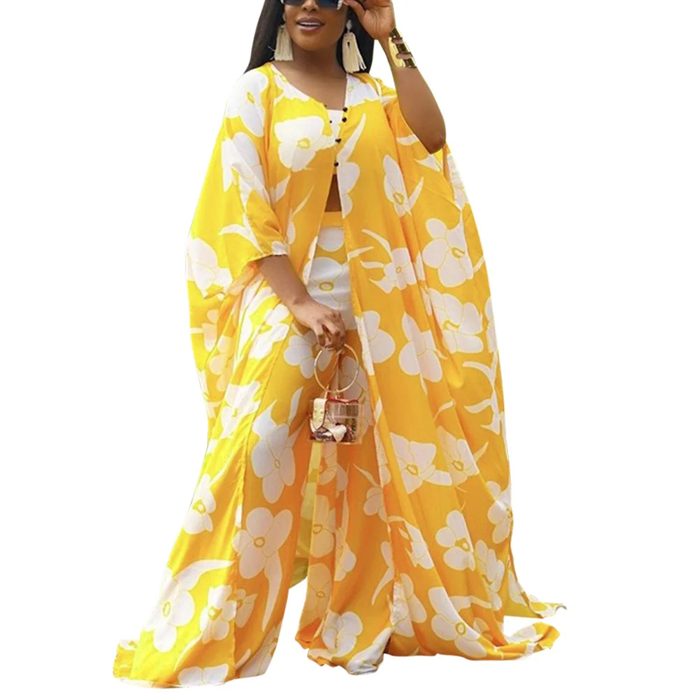 

Cutubly Three Pieces Trouser Suit Floral Sexy Loose Pant Sets Womens 3 Piece Outfits Cloak Coat +Tube Top+Wide Leg Pants Set New