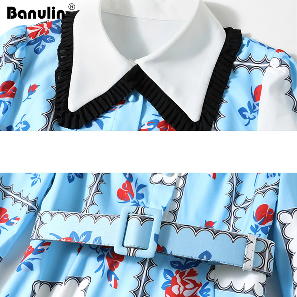 

2021 Spring Runway Vacation Dress Women Turn-down Collar Sashes Long sleeve Geometry Floral print Bohemian Ladies Midi Dresses