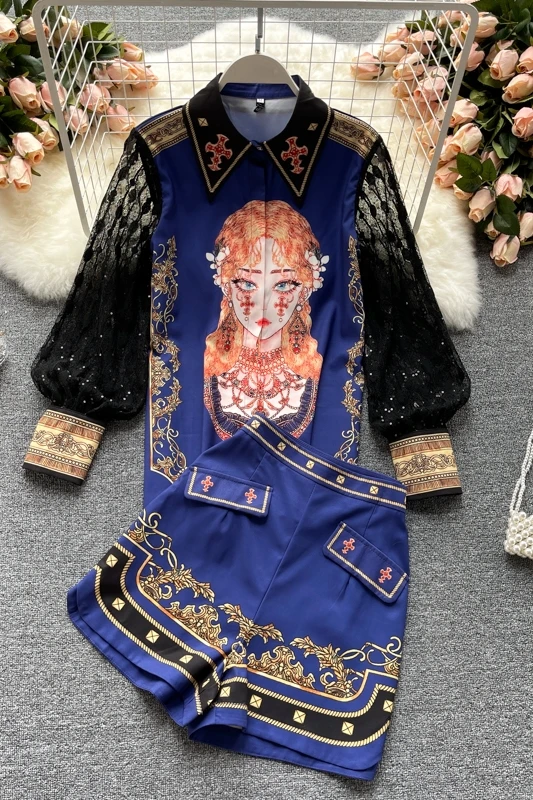 

Light luxury ladies temperament suit spring and summer new lace puff sleeve shirt female design sense printed wide-leg pants