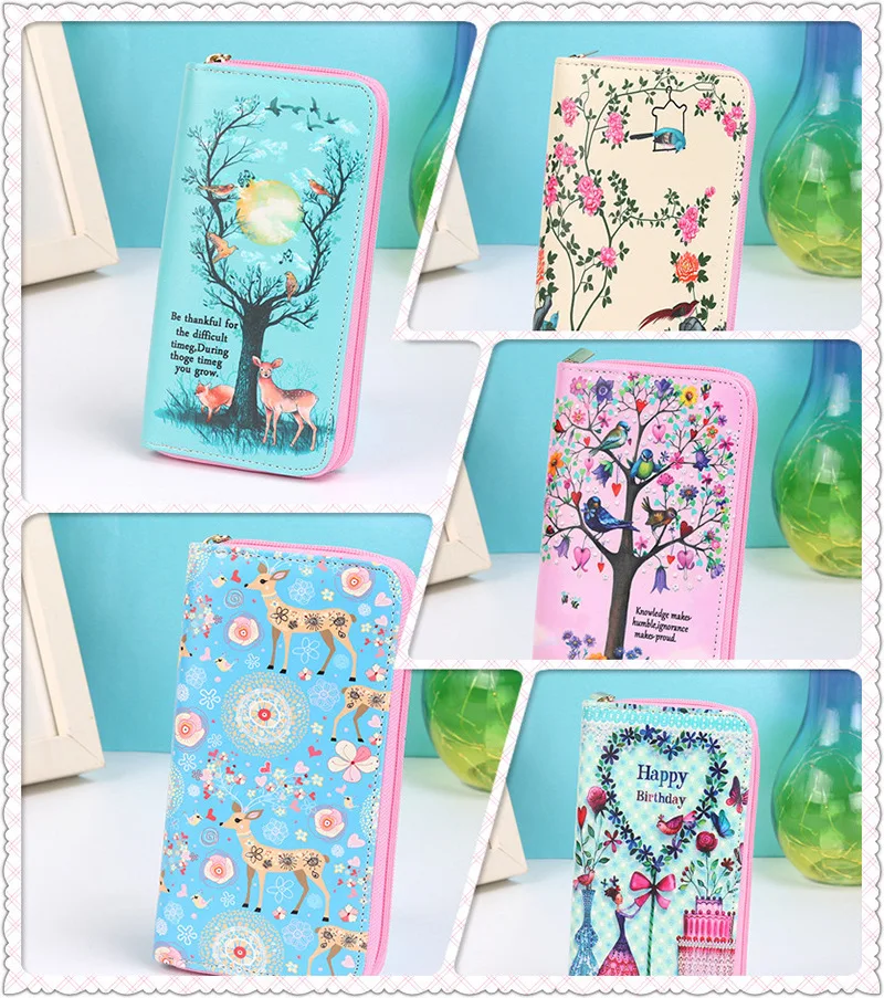 Длинные кошельки с мультяшными животными и цветами для женщин кошелек из