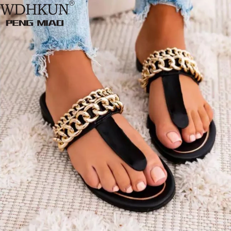 

2021 Новая Летняя женская повседневная обувь с открытым носком на плоской подошве, украшенные декоративная металлическая цепь Модные, удобны...