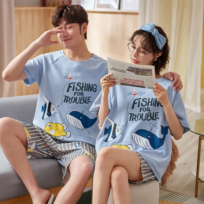 Пижама с коротким рукавом Fish Cartoon Song мужская женская повседневная летняя 2021 |