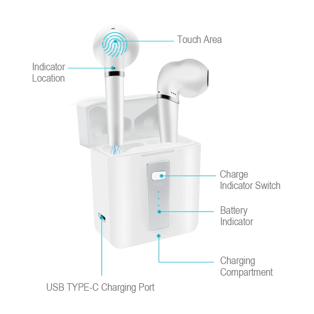 Bluetooth-наушники V5.0 HX03 TWS с сенсорным управлением Беспроводные спортивные