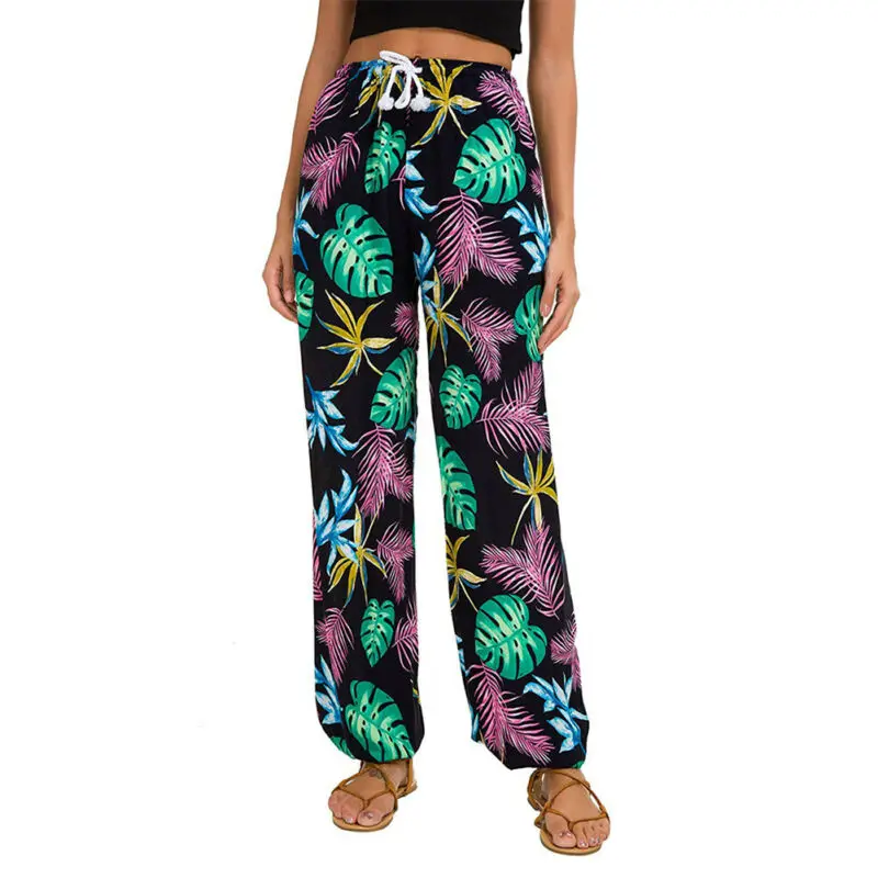 Женские шаровары с цветочным принтом длинные брюки в стиле хиппи широкими