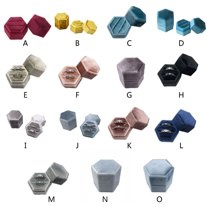 

2021 new ring display box multicolor velvet double ring box hexagonal wedding ring box with detachable lid
