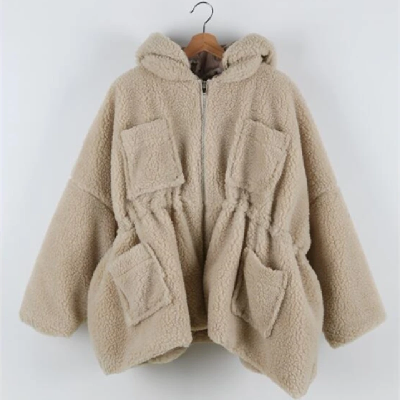 

New Winter Woman Lamb Swool Coat Female Keep Warm Jacket Lady Bat Sleeve Outerwear Girl Solid Color Temperament Overcoat