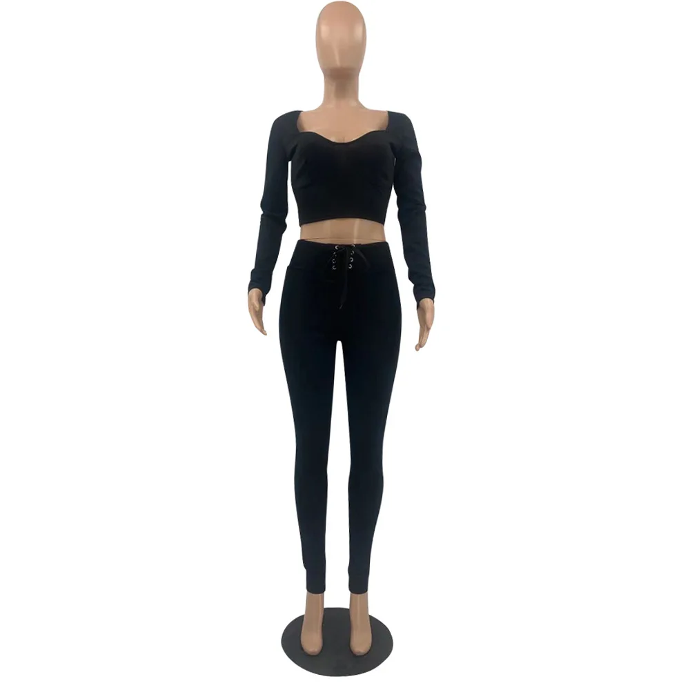 

Crop Tops Two Piece Outfits for Women Square Collar Solid Long Drawstring Pants Sets Joggers Women Set Fall Winter Tracksuits