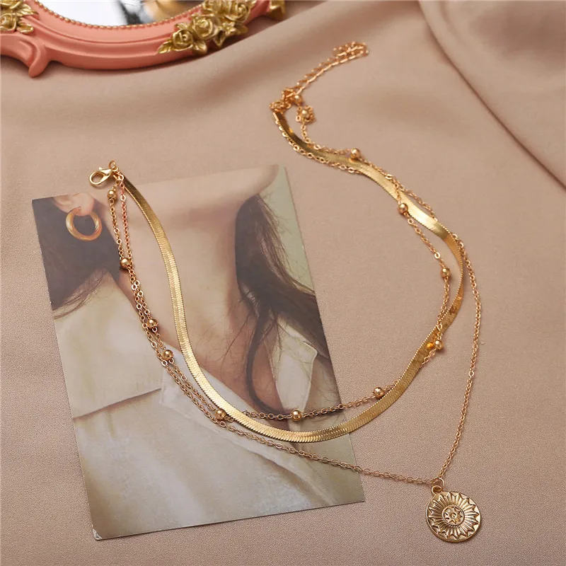 

Gold Multi Layered Snake Chain Link Necklace for Women Bohemian Lock Coin Choker Chain Pendant Necklaces Party Jewelry