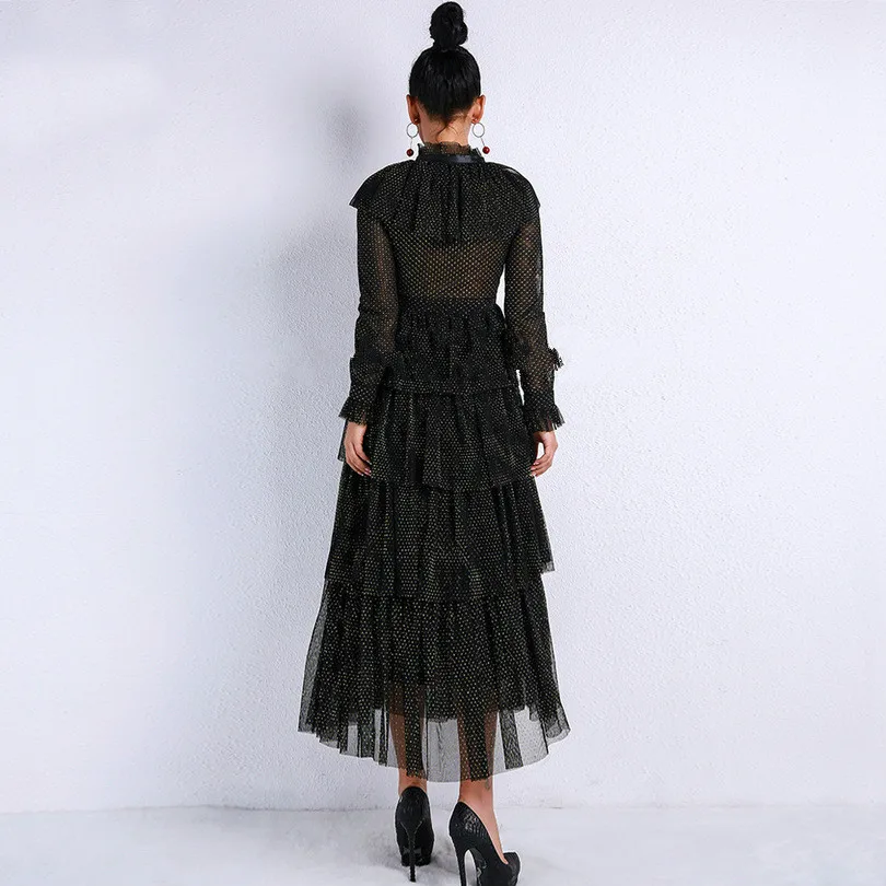 Женское Прозрачное платье с высокой горловиной и длинным рукавом в стиле ретро