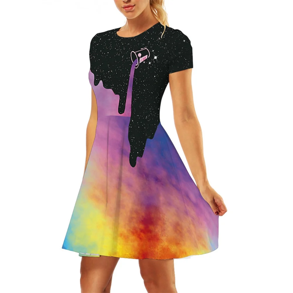 

3D Painting Women Dresses Casual Short Sleeves Colorful Milk Printed Dress Sexy Strap Midi A-Line Dress Vestidos Robe Femme