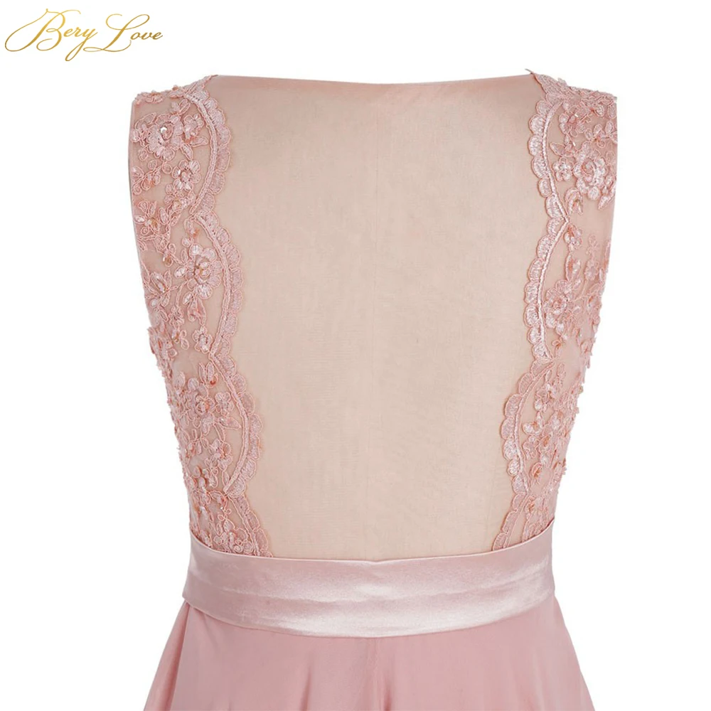 BeryLove Long Blush Evening Dress 2019 Beaded Appliques Vestid Chiffon Prom Bow Knot Belt Illusion Back Formal Party Gown | Свадьбы и