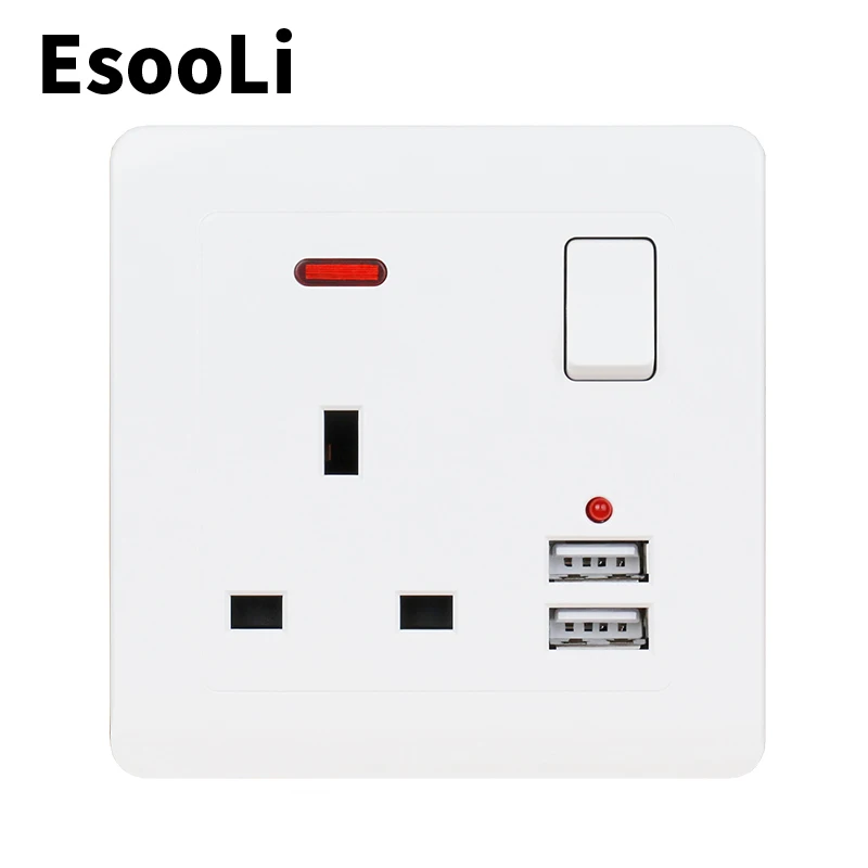 

EsooLi White Wall Power Socket 13A UK Standard Switched Outlet 2.1A Dual USB Fast Charger Port LED indicator Curved surface