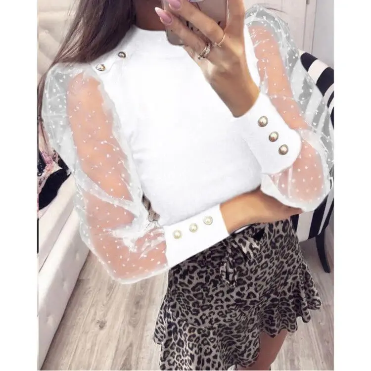

European and American style polka dot puff sleeve button knit top