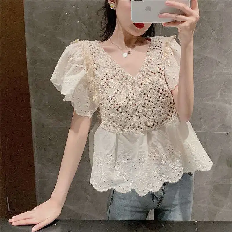 

Женская Однотонная рубашка с коротким рукавом, V-образным вырезом и оборками