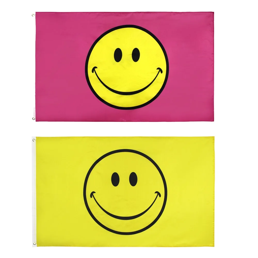 

50pcs Yellow Pink Smile Face Flags Wholesale 150x90cm High Quality Polyester Printed Flying Hanging Banner