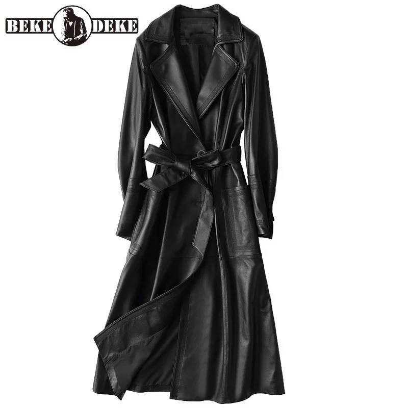 

Women Luxury Genuine Leather Long Jacket Office Ladies Belted Slim Fit Sheepskin Leather Trench Coat Sashes Overcoat Windbreaker
