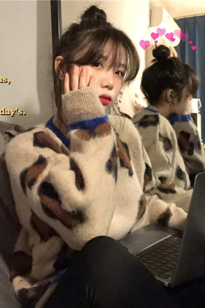 

Women's Pullover Leopard-Print Sweater Autumn and Winter 2020 New Retro Loose All-Matching Thickened Long-Sleeved Top