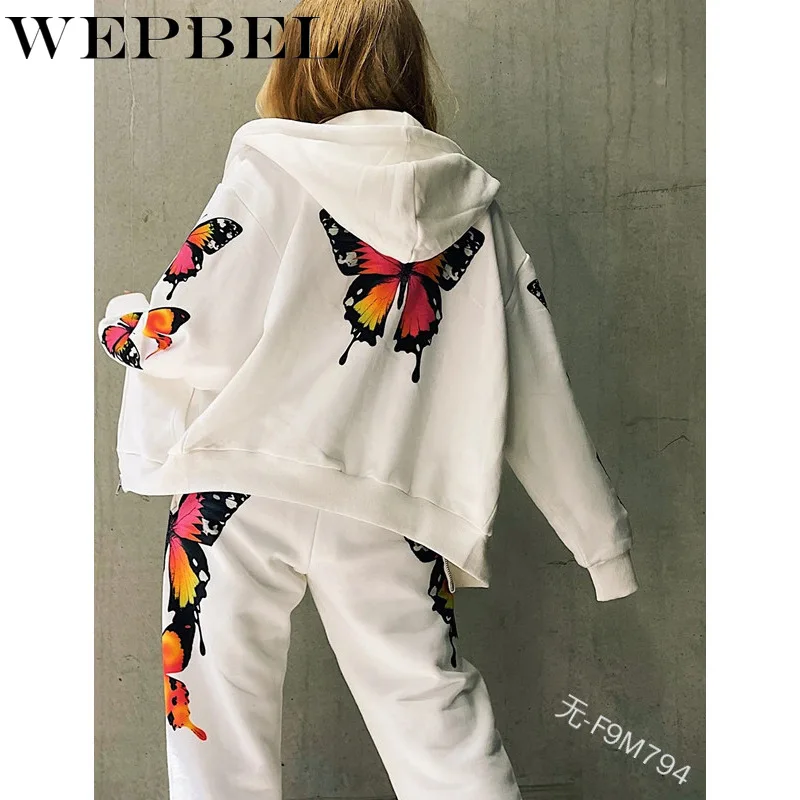 Mandylandy-chándal deportivo con estampado de mariposa para mujer, conjunto de 2 piezas con cremallera, Abrigo con capucha, Top + cordón en la cintura, Pantalones