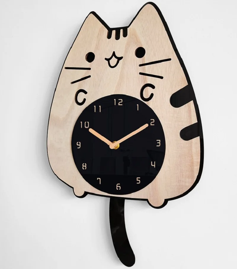Wooden Cartoon Wall Clocks Baby girls Children's Room home Decoration Cat Wagging Tail Design Creative Silent Swinging Clock | Дом и сад