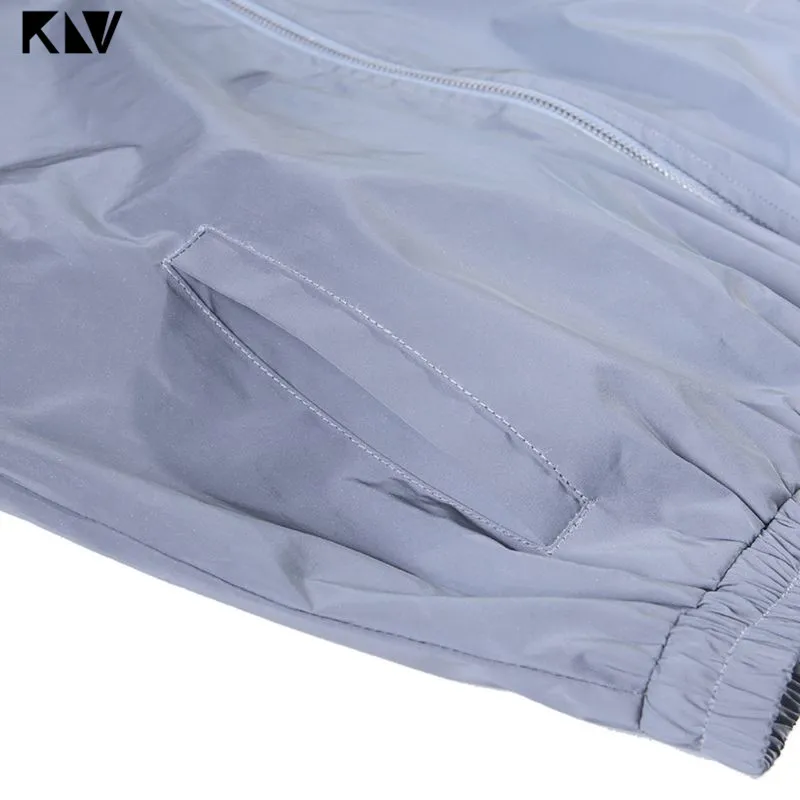 KLV осенние женские светоотражающие с длинным рукавом, с капюшоном, на молнии, Молодежные кроп топы для ночного бега, ветровка, короткое пальто, куртка