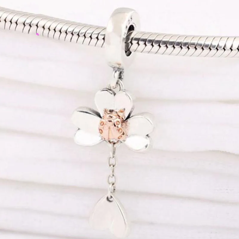 

100% 925 Sterling Silver Charm Golden Clover And Ladybug Pendant Fit Pandora Women Bracelet & Necklace Diy Jewelry