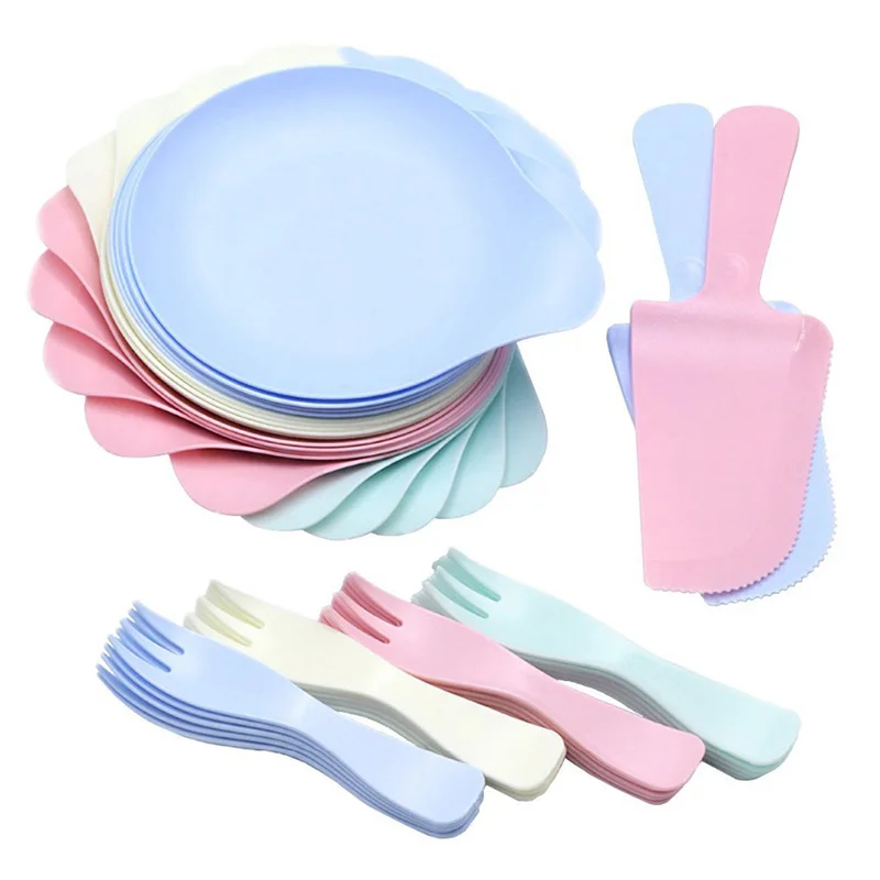 Одноразовый пластиковый десертный набор четыре цвета включает 5 тарелок и вилок 1