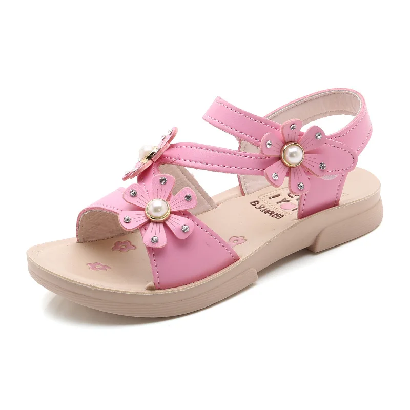 

2020 new children's shoes girls summer beach shoes students casual children's sandals PU leather flower pearl princess shoes