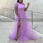 Женское платье с одним открытым плечом, вечернее платье лавандового цвета с длинным рукавом, трапециевидного силуэта, с высоким разрезом, до пола