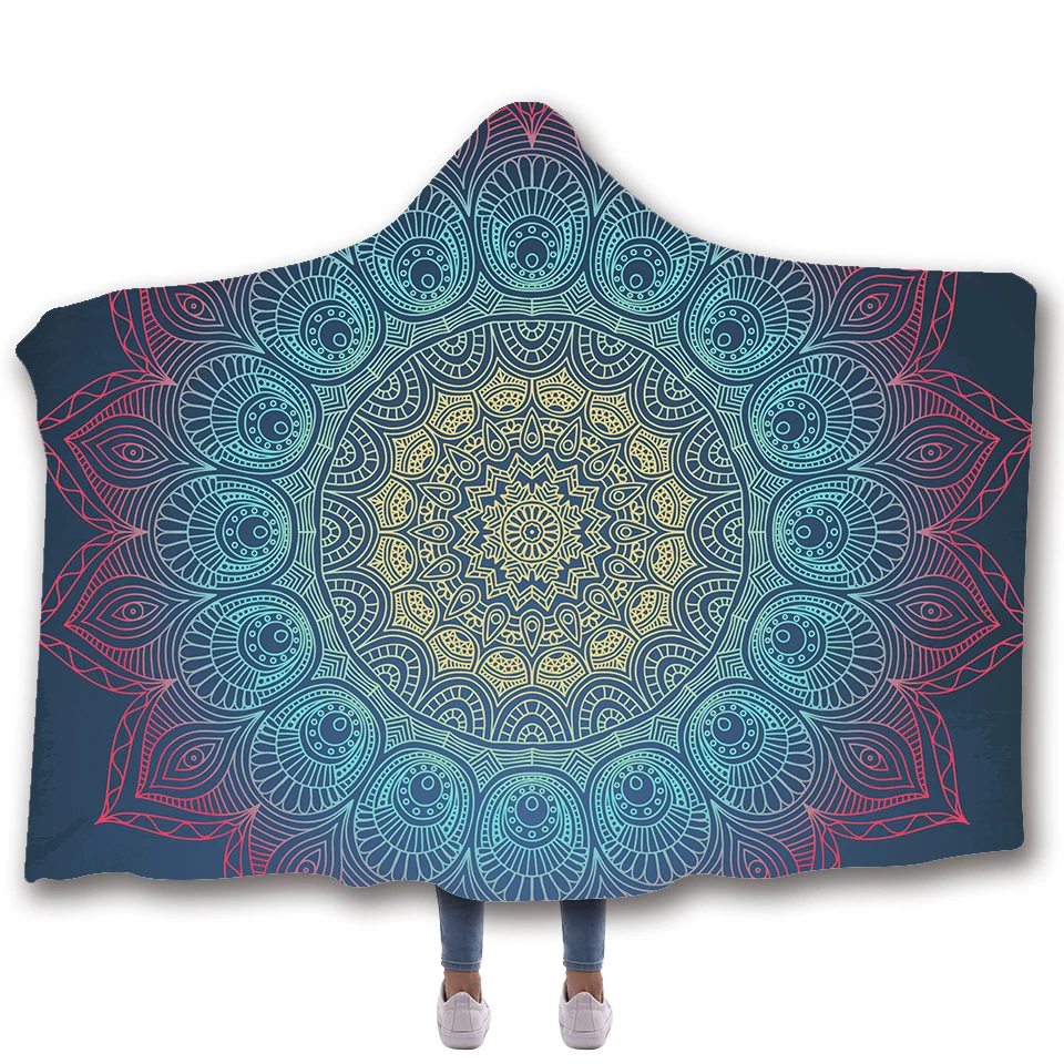 Одеяло с капюшоном и принтом мандалы для взрослых детей шерсть зимний теплый