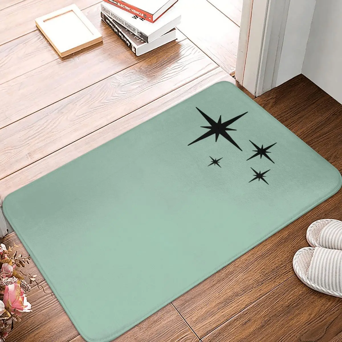 Коврик дверной в стиле ретро с мятно-зеленым и черным принтом | Дом сад