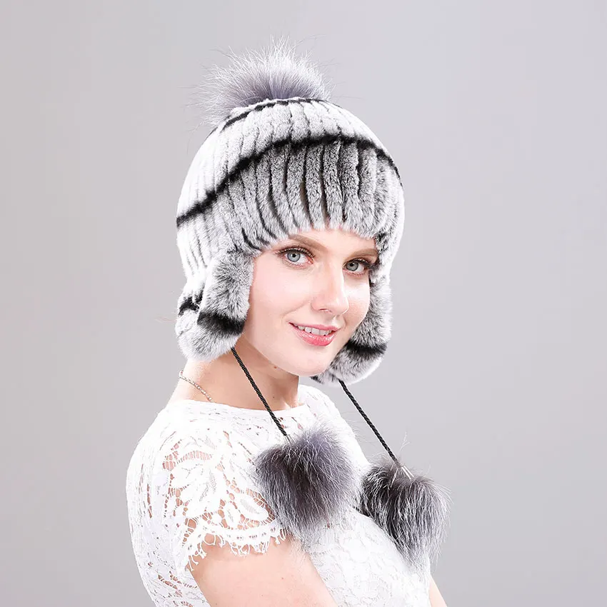 ICYMI Настоящий мех кролика шапка с ушами эластичные вязаные женские зимние