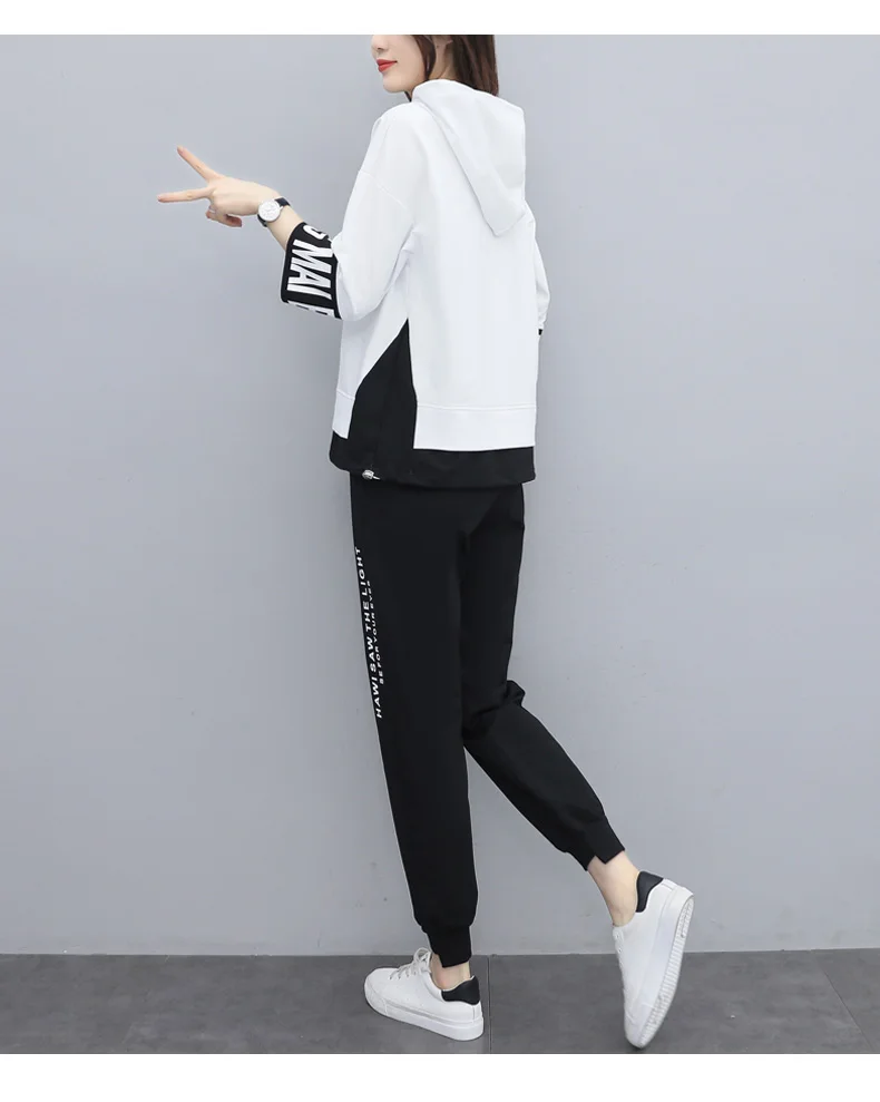 

Houthion Women Two Piece Set Print T Shirts and Pants Sets Summer Loose Suit Short Sleeve Lady Hooded T-shirt + Pants Suits