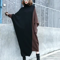 spring women knitted oversize dress loose fit turtleneck long sweater contrast color patchwork pullover bawing sleeve clothes