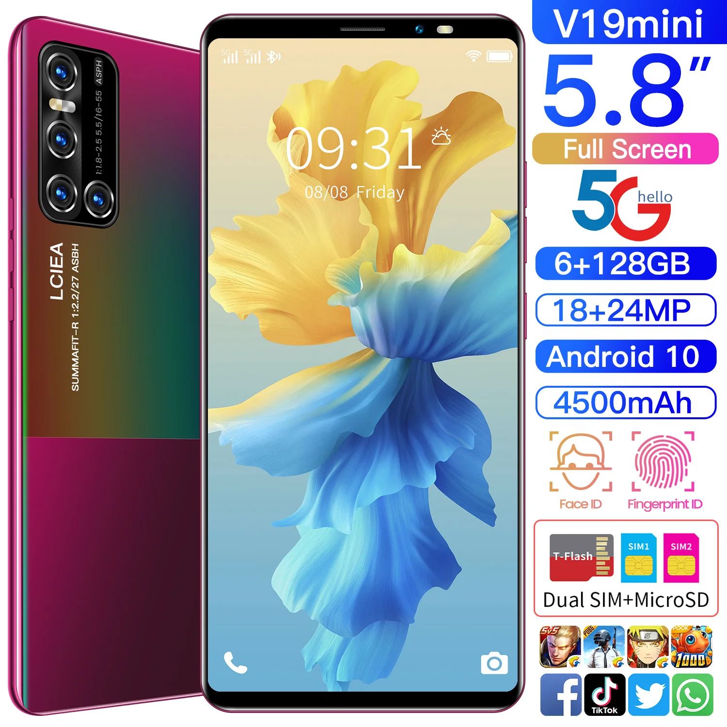 

Global Version V19mini Smartphone 5.8inch 6+128GB Android 10 Screen 4500mAh Massive Battery 3-Card Slot 18+24MP Camera Cellphone