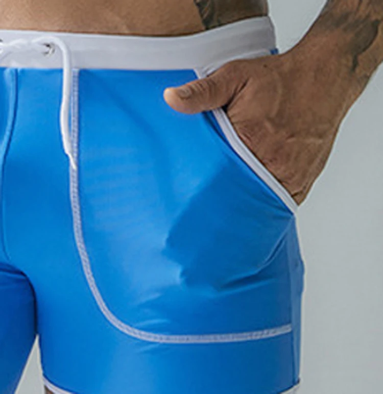 

New trendy Side pocket mens quick drying boxer swimming shorts solid color beach seaside swimming trunks sunga masculina