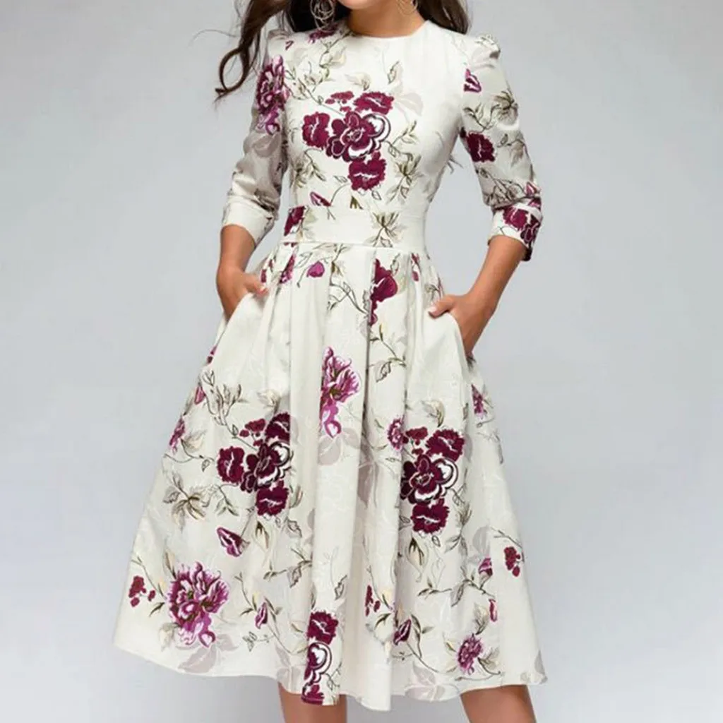 

Dress women summer Elegent A-line Vintage Half Sleeves Printing Party Vestidos Midi Dress Vestido Longo Cetim Robe Femme