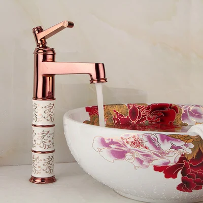 

Rose gold copper basin mixing faucet European style hot and cold single hole gold-plated ceramic faucet household basin crane