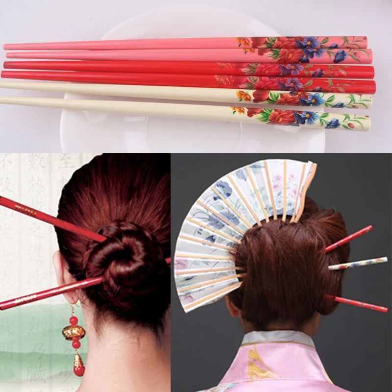 Flower Handmade Ethnic Style Bride Vintage Painting hairpin Print Japanese Hair stick Colorful Natural Wood 2PCS |