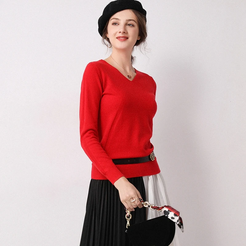 Женский вязаный свитер мягкие Пуловеры из 100%-ной шерсти с V-образным вырезом 6